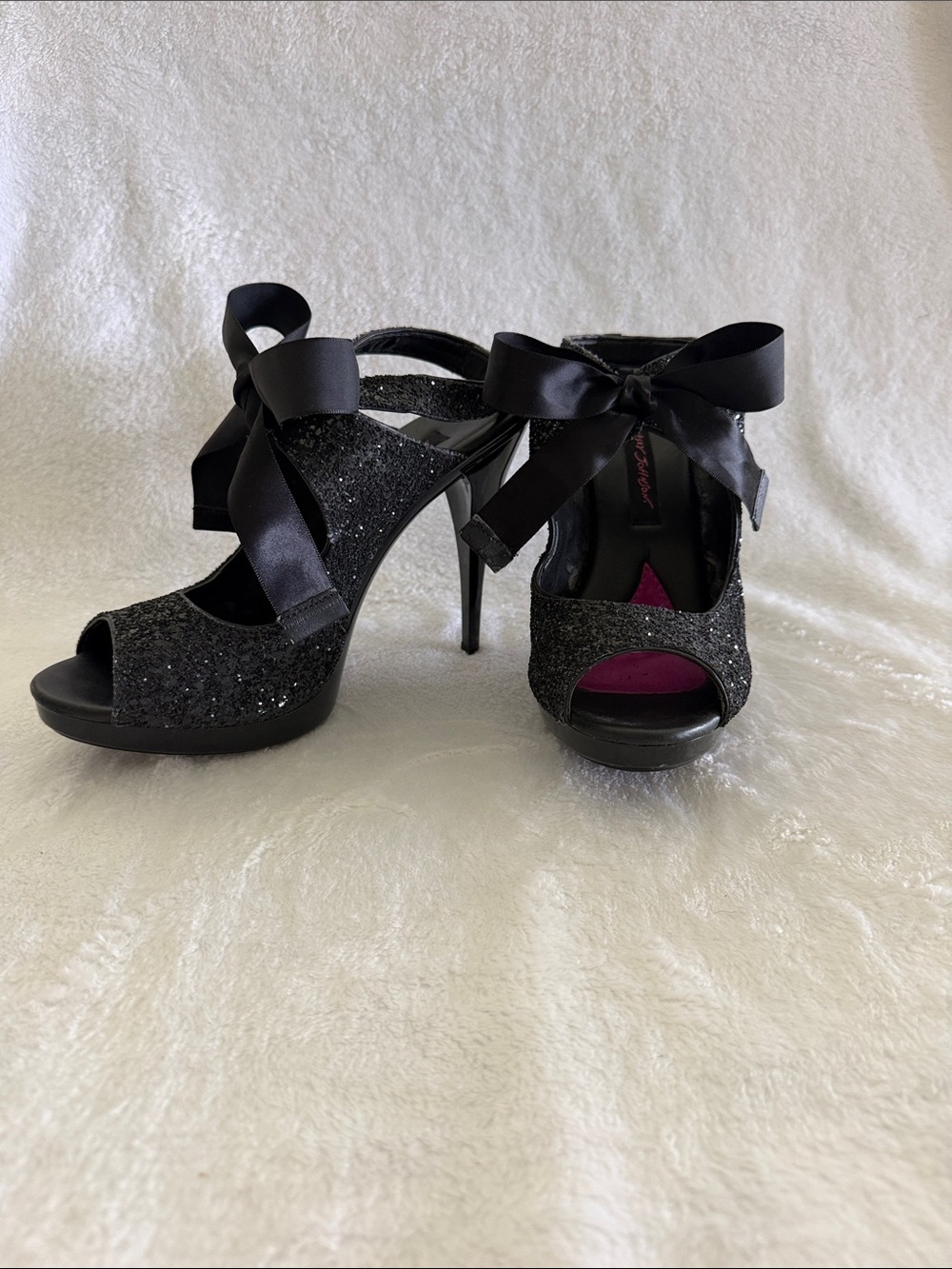Betsey Johnson Black Glitter Peep-Toe Platform Heels with Satin Bow